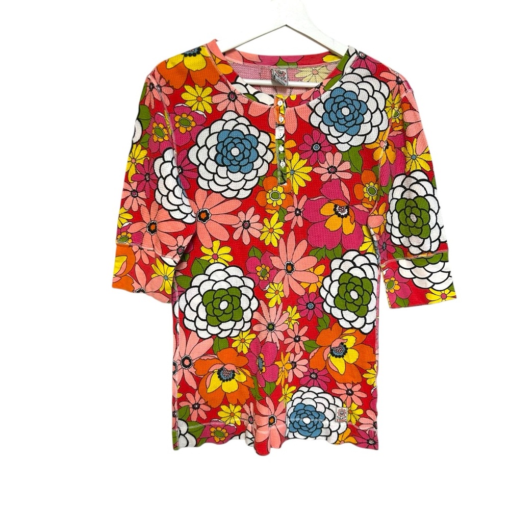 Y2K lucky brand XL waffle henley t-shirt hippie floral retro boho‎ vintage daisy
